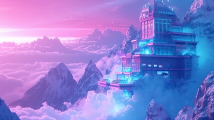 Futuristic Building Amidst Mountains with Clouds, A Surreal and Magical Realism Scene with a Blue and Pink Color Palette, Embraced by a Gentle Glow .