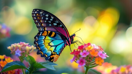 Naklejka premium A Multicolored Butterfly Dances Amidst Vibrant Natures Beauty