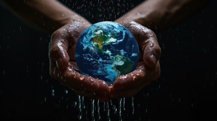 Hand holding earth with dripping water, world water day AI generated image - obrazy, fototapety, plakaty