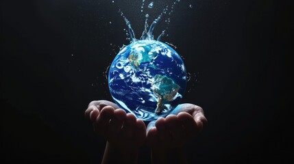 Hand holding earth with dripping water, world water day AI generated image
