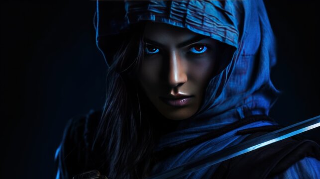 Kunoichi women ninja samurai blue, deadly warrior AI generated image