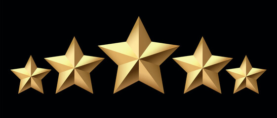Five golden stars isolated on black background. Rating stars icon. Vector illustration. black background