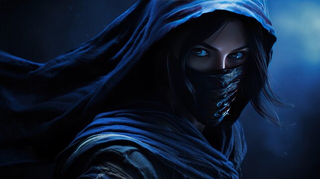 Kunoichi women ninja samurai blue, deadly warrior AI generated image