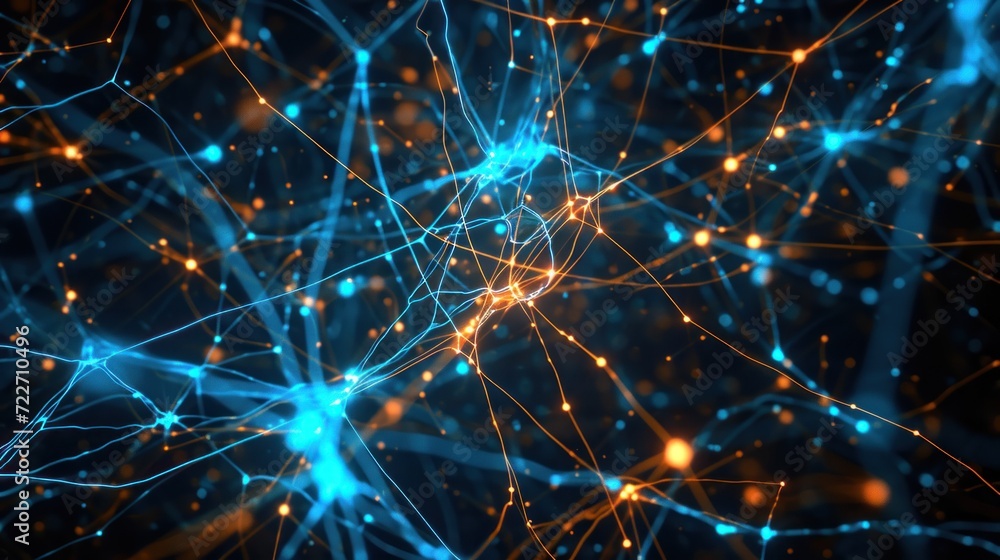 Poster a computer generated image of a network of blue and yellow lines and dots on a dark blue and black b