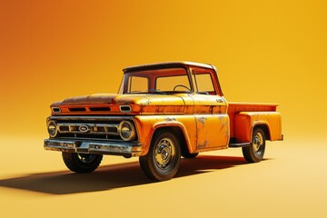 Orange Toy Pickup Truck, on an Isolated Yellow Background, Generative AI