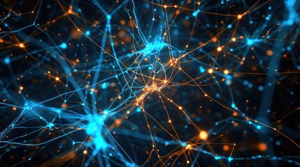 Fototapeta premium a computer generated image of a network of blue and yellow lines and dots on a dark blue and black background.