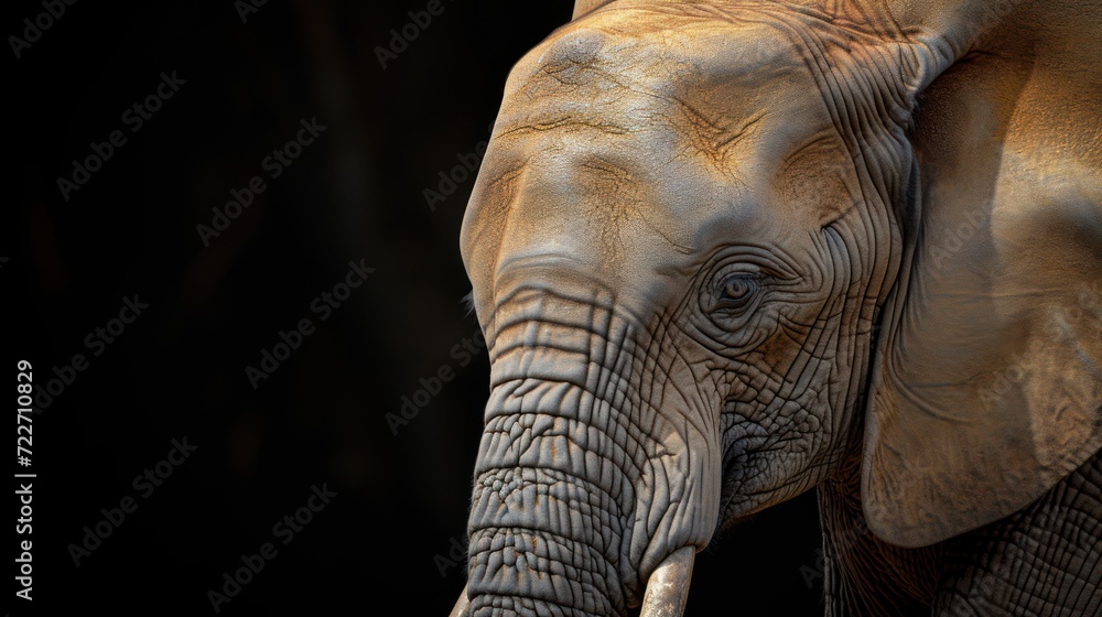 Poster a close up of an elephant's face with it's trunk in the air and it's trunk in the air.