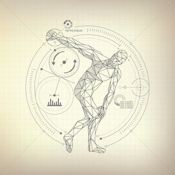 wireframe polygon man is throwing disc in futuristic retro style, vector of discobolus in modern abstract style