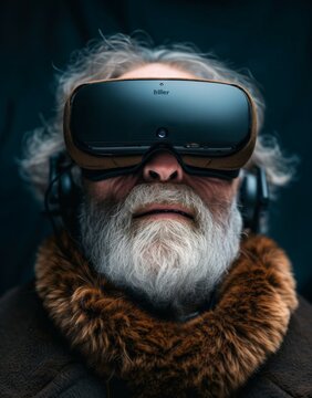 Bearded old man using VR headset. Fictional character. Generative AI technology.
