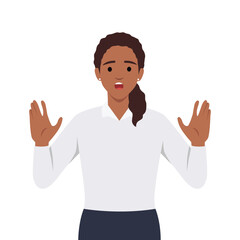 Oh no, stop there. Serious beautiful woman rejects offer, pulls palms in no gesture, asks to stop this. Flat vector illustration isolated on white background
