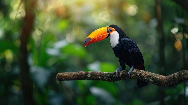 Beautiful toucan bird is sitting on a branch in the forest AI generated image