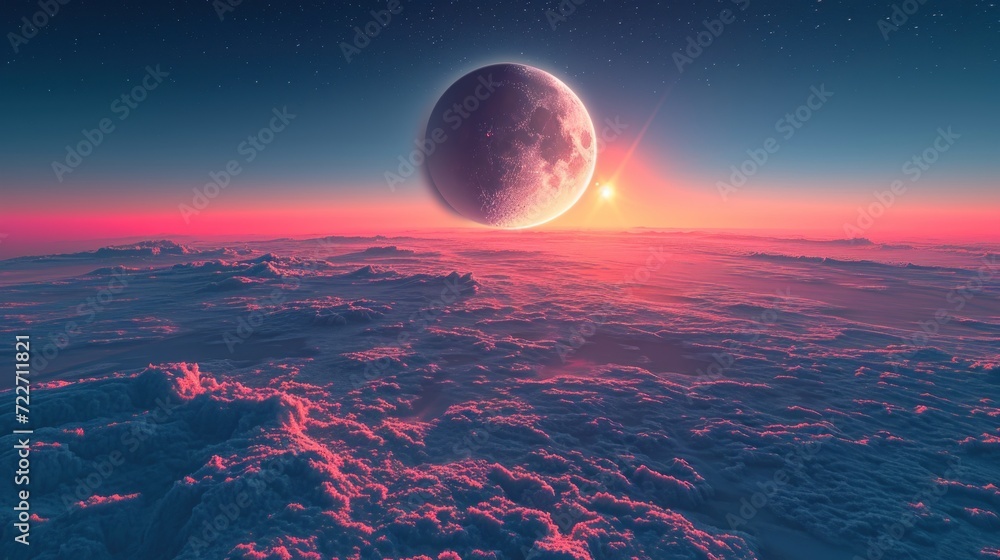 Poster an artist's rendering of a planet in the sky, with clouds and a star in the middle of the image.
