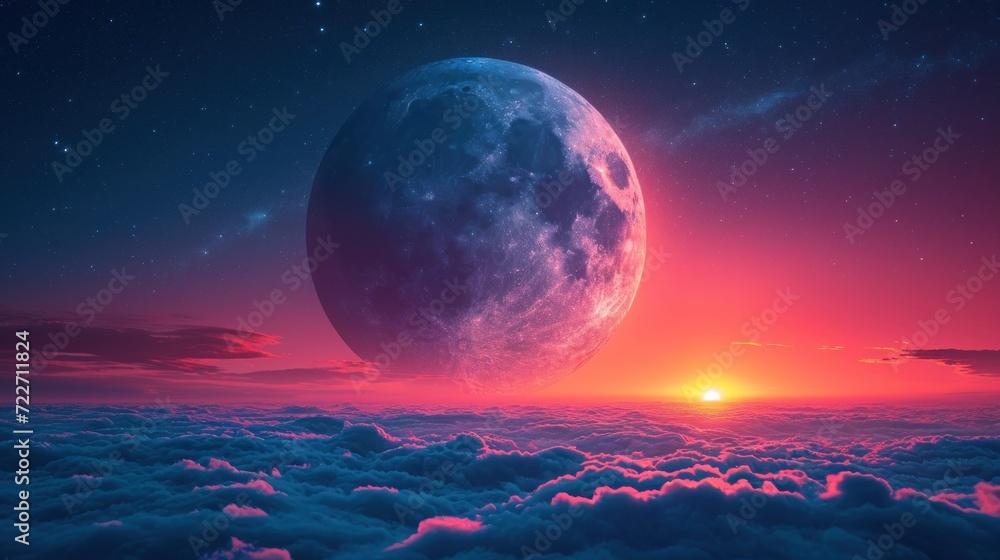 Poster the sun is setting over the clouds and the moon is in the sky above the clouds and the sun is in the