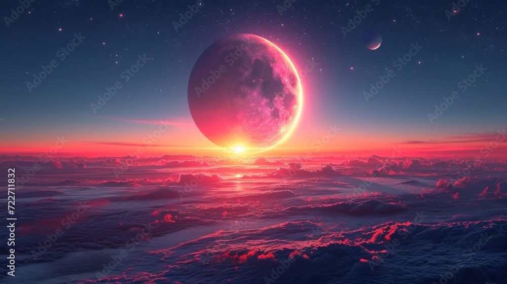 Poster an artist's rendering of a planet in the sky with a sun and moon in the middle of it.