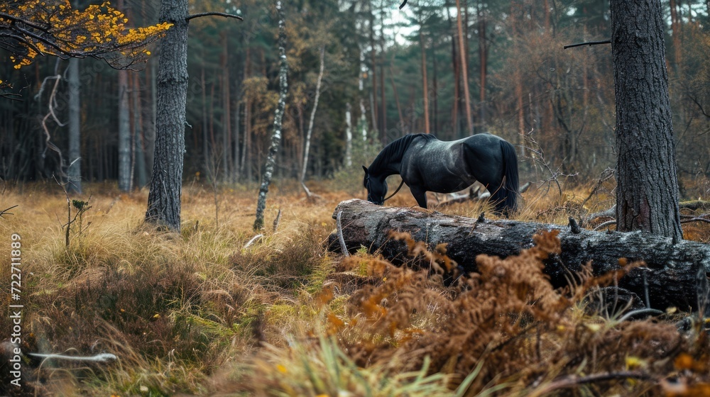 Poster a horse that is standing in the grass next to a log in the woods with a fallen tree in the foregroun