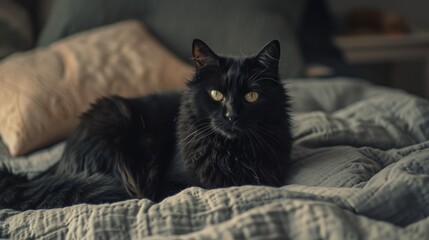  a black cat laying on top of a bed on top of a comforter with a pillow on top of it.