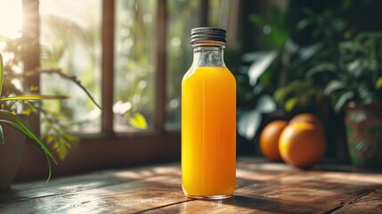  a glass bottle filled with orange juice sitting on top of a wooden table next to potted plants and a window.