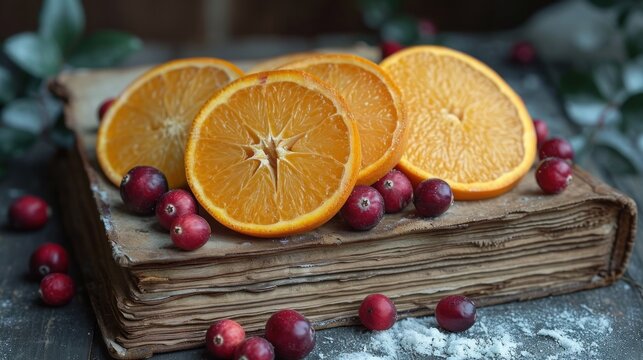  a close up of sliced oranges and cranberries on a piece of wood with snow on the ground.