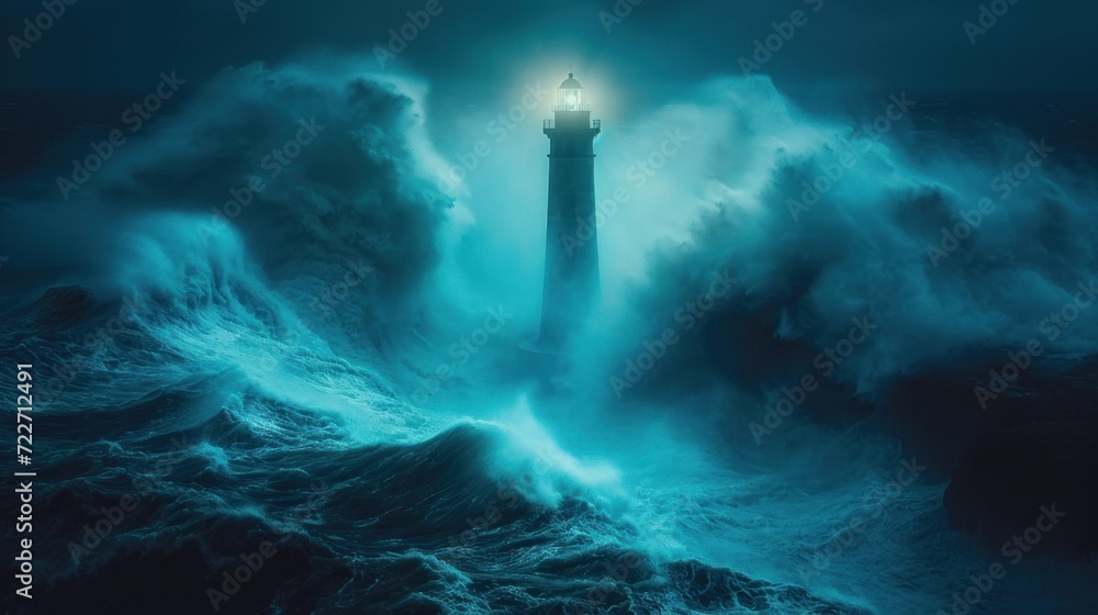 Poster a lighthouse in the middle of a large body of water with a light on top of it in the middle of a sto