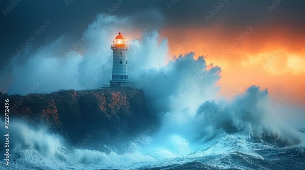 Poster a lighthouse in the middle of the ocean with a huge wave in the foreground and a sunset in the backg