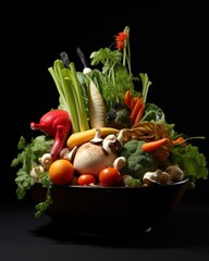 a bowl filled with lots of different types of fruits and veggies on top of a black tablecloth.