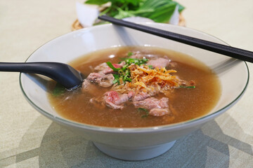 Closeup of Delectable Beef Pho, a Popular Vietnamese Noodle Soup