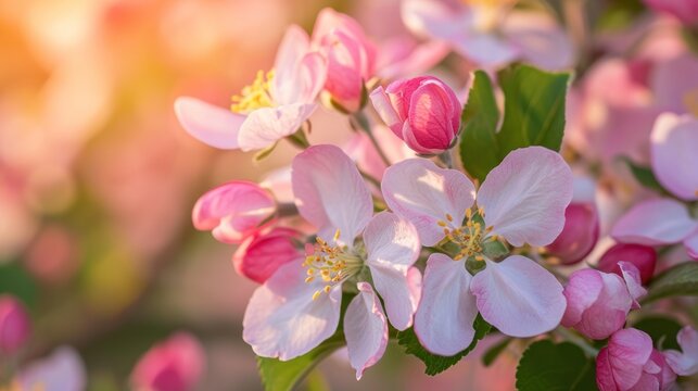  a bunch of pink flowers that are blooming on a tree in the sunbeams of a blurry background.