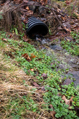 Drainage ditch intake pipe with running water after a heavy rain, surrounded by dead leaves, grass and green weeds
