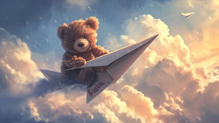 teddy bear piloting a paper airplane