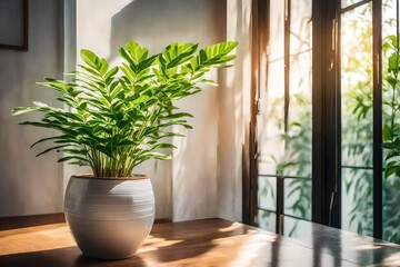 Fototapeta premium plant kept on sunlight, green plant in ceramic pot, sunrays on the plant