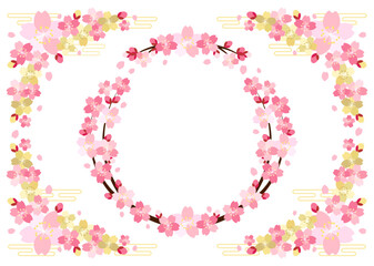 桜、花、フレーム、セット、春、花見、満開、イラスト、かわいい、ピンク桜