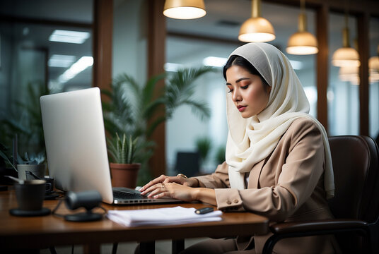 Arab women sitting and checking laptop at her office

