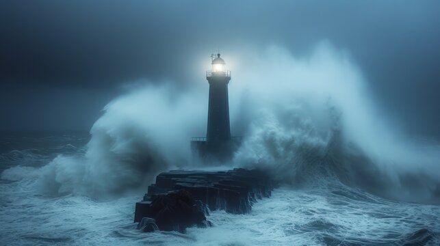  a lighthouse in the middle of a body of water with waves crashing around it and a light on top of it.