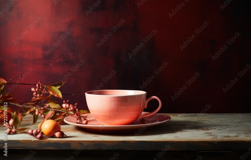 Poster a cup and saucer sitting on top of a wooden table next to a branch with oranges on it.