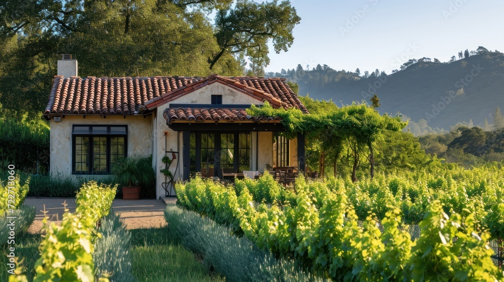 Poster a house in the middle of a field with trees in the background and bushes in the foreground and mount