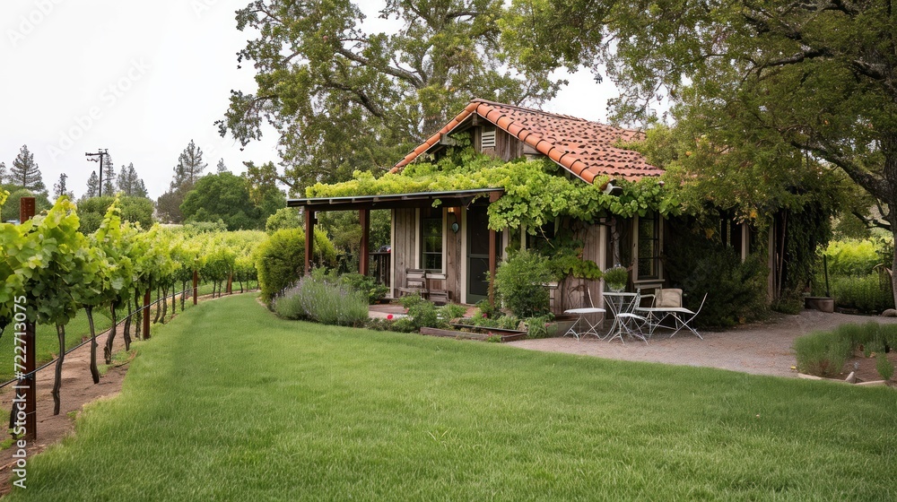 Poster a house in the middle of a field of grass with a table and chairs in front of it and trees in the ba