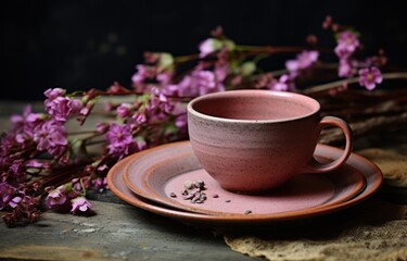 Fototapeta premium a pink cup sitting on top of a saucer next to a plate with purple flowers on top of it.