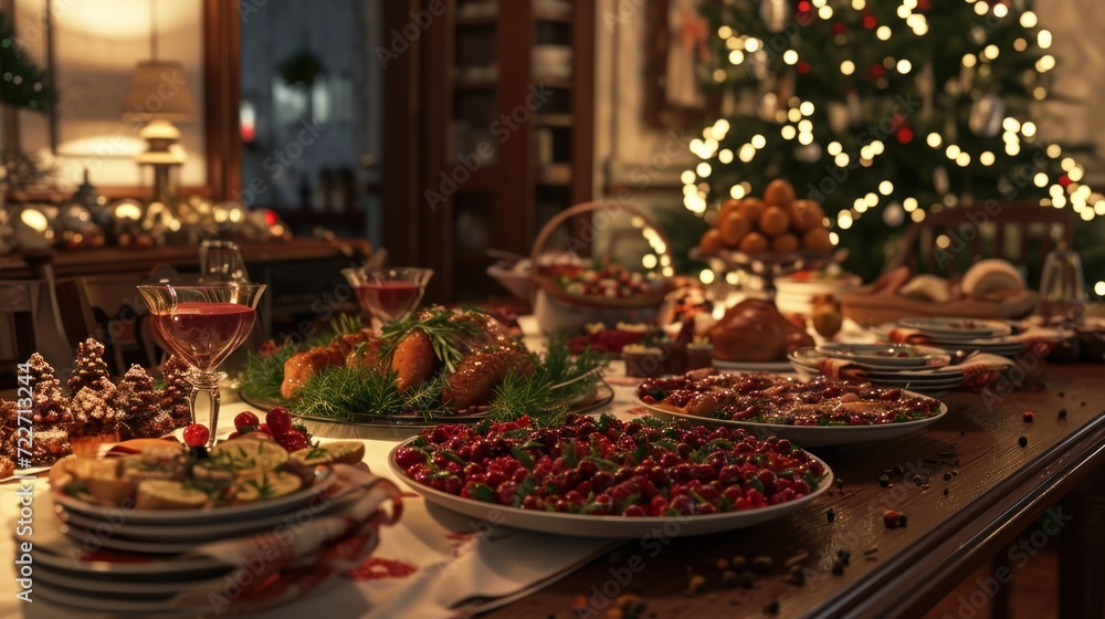 Aufkleber a table filled with plates of food and a christmas tree in the background with lights in the corner 