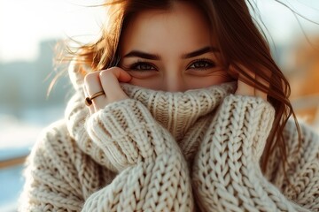 Woman in a warm sweater in cold weather. Cozy.