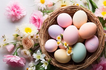 Easter eggs pastel in basket on bright flowers background. Easter day. presentation. advertisement. copy text space.