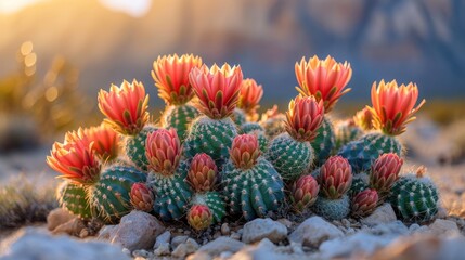  a group of red and green cactus plants in a rocky area with sun shining through the sky in the background.