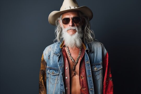 Portrait of a stylish hipster man with long white beard wearing cowboy hat and sunglasses.