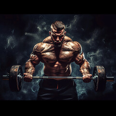 Fototapeta na wymiar Muscular bodybuilder guy doing exercises with dumbbells in gym