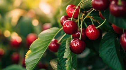  a bunch of cherries hanging from a tree with green leaves and sunlight shining through the leaves on the branches.
