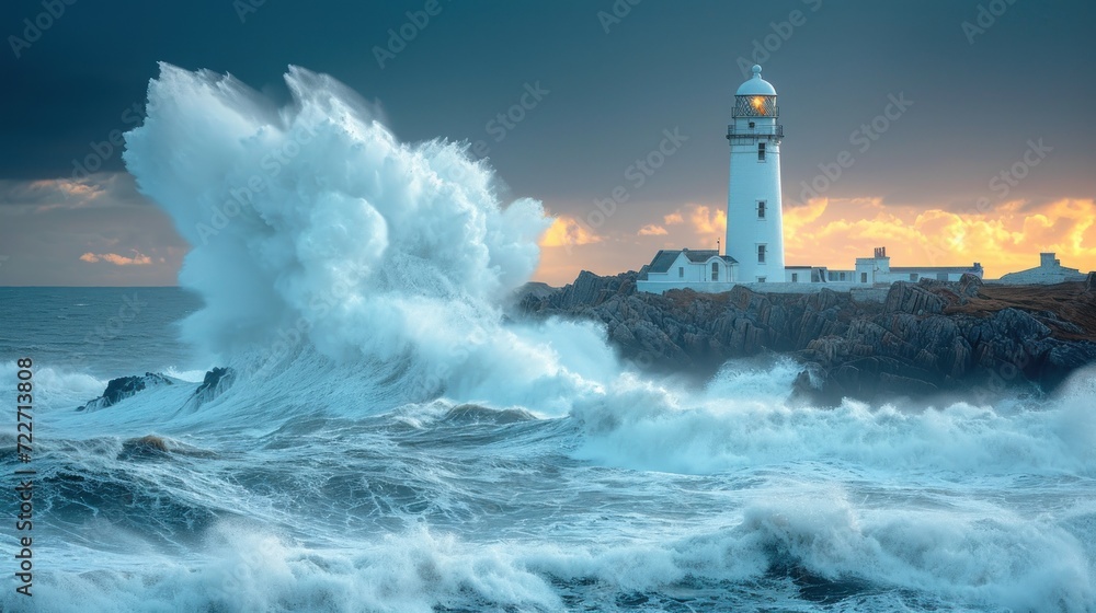 Poster a lighthouse in the middle of the ocean with a large wave crashing in front of it and a sunset in th