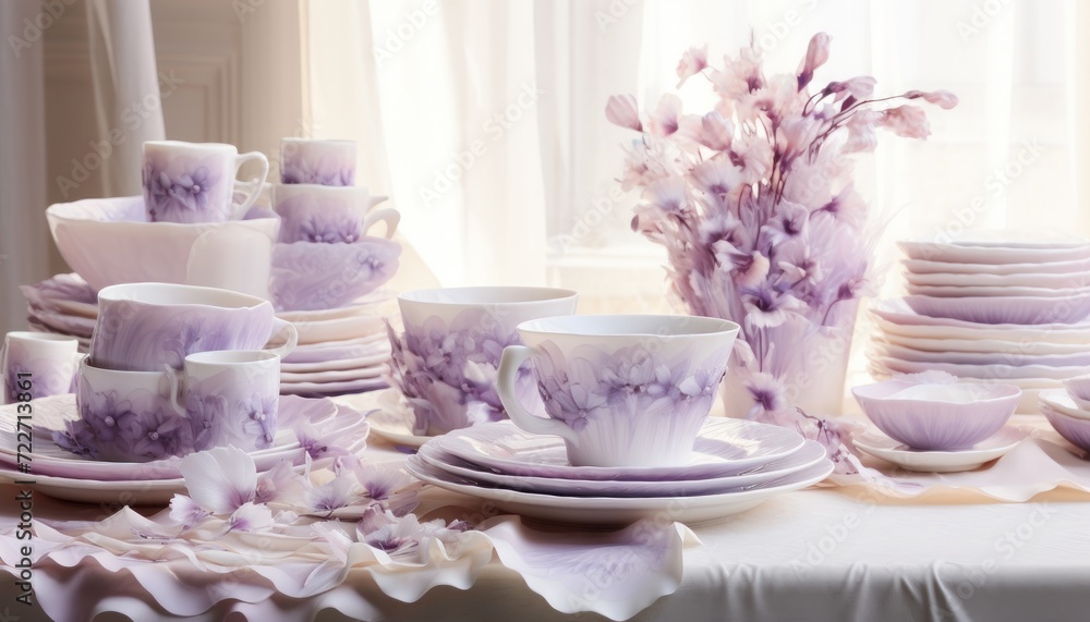 Poster a table that has a bunch of cups and saucers on it and a vase of flowers in the middle of the table.