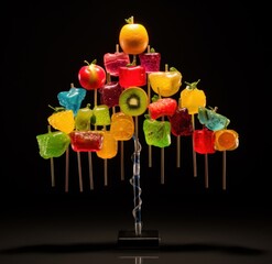  a sculpture made out of gummy bears, apples, oranges, and kiwis on a black background.