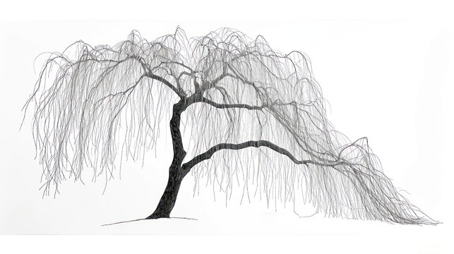  a black and white photo of a tree in winter with snow on the ground and branches blowing in the wind.