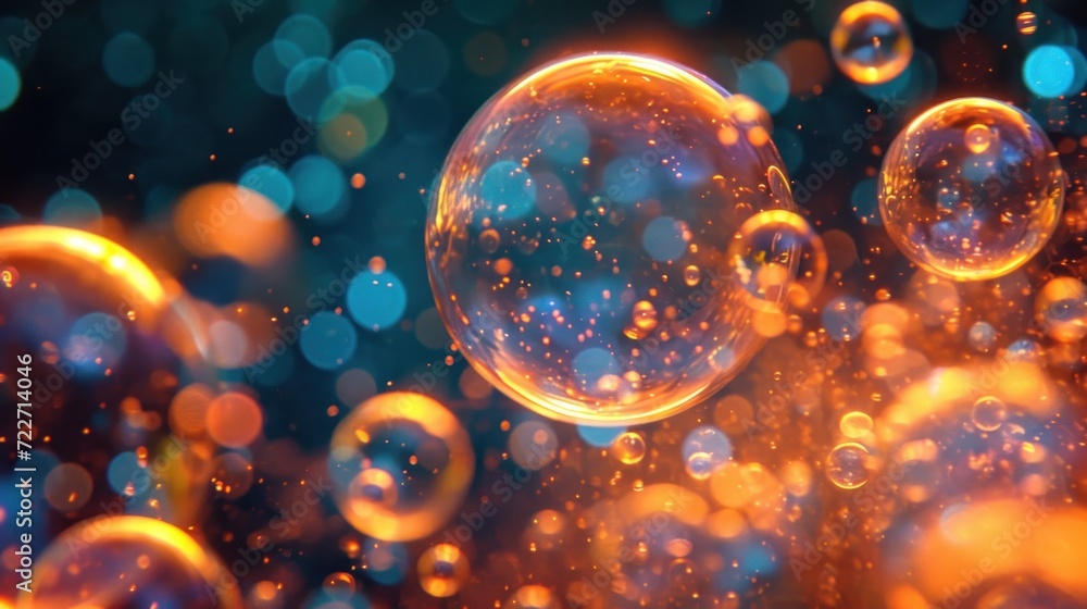 Poster a bunch of soap bubbles floating on top of a blue and yellow blurry background with lots of bubbles 