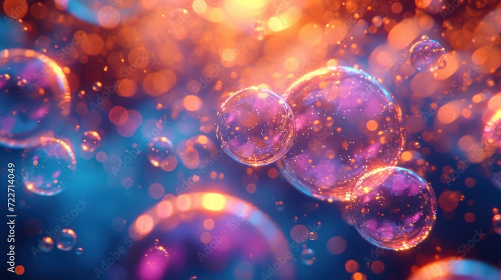 Poster a group of bubbles floating on top of a blue and yellow background with a blurry image of bubbles fl
